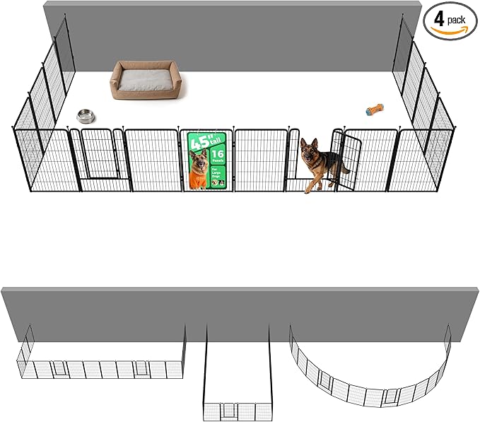 FXW Rollick Unleashed Dog Playpen for Indoor, Yard, RV Camping, 45 inch 16 Panels Dog Pen with Anchor Kit (4 Packs) for Large Dogs, Black│Patented