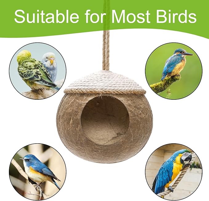 Yesland 2 Pack Coconut Bird Nest Hut with Loop, Coconut Fiber Hanging Birdhouse Cage, Anti-Pecking Bite Coconut Bird Parakeet for Parrot Parakeet Lovebird Finch Canary, Pet Cage Habitats Decor