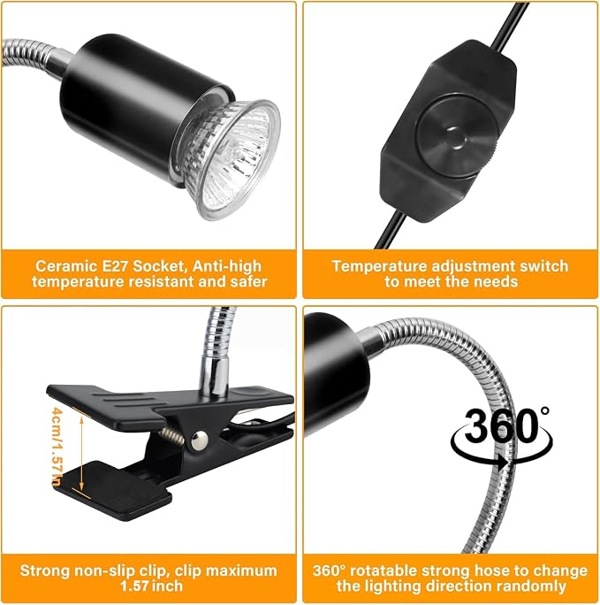Reptile Heat Lamp UVA/UVB Light with Stepless Dimming, 360 Rotatable Gooseneck Clip-On Heating Lamp for Turtle Tank Bearded Dragon Snake Lizard Tortoise Hermit Crab Includes 25W and 50W Bulbs (Small)