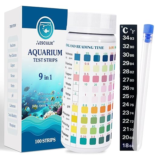 9 in 1 Aquarium Test Strips, 100 Count, Fish Tank Water Test Kit for Freshwater & Saltwater, Tests Nitrate, Nitrite, pH, KH, Total Alkalinity, Hardness, Free Chlorine, Copper & Phosphate
