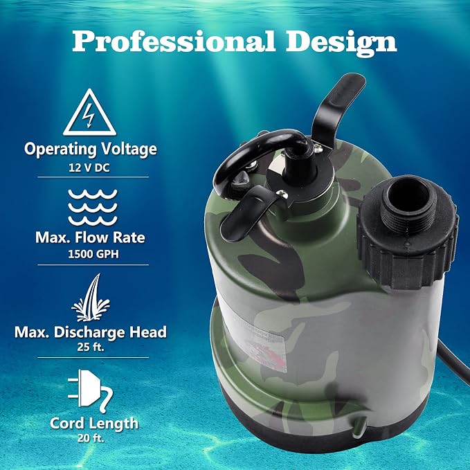 TIGEROAR 12V Submersible Pump 1500 GPH Water Transfer Pump for Pool Pond | 20 ft. Cord Electric Pump Anticorrosive Plastic Housing Hose Adapter for Utility Pump Transferring Water