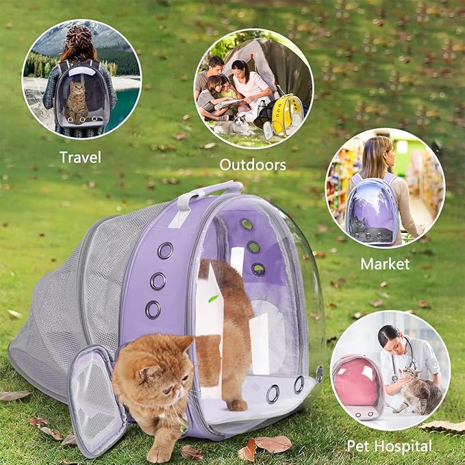 Expandable Cat Backpack Carrier, Breathable Clear Bubble Window Pet Carrier for Small Dogs and Cats up to 12 lbs, Airline Approved Travel Bag for Hiking and Outdoor Use (Back Expandable-Purple)