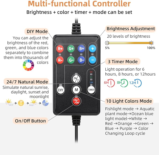 hygger LED Aquarium Light, 36W Full Spectrum Fish Tank Light with Multi-Color Timer DIY Mode 24/7 Natural Mode Adjustable Brightness, Aquarium Plant Light with Extendable Brackets for 36~41IN Tank