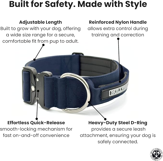 Heavy Duty Dog Collar, Tactical Dog Collar, Dog Collar for Large Dogs, Waterproof Dog Collar, Dog Training Collar, Quick-Release Metal Buckle, Adjustable Sizes – BULLYBREED (Navy Blue, Large)