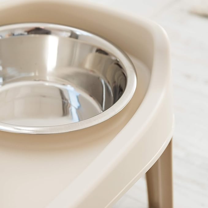 IRIS USA Elevated Dog Bowls Adjustable Stand, Raised Feeding Station with 2 Stainless Steel 64 oz Bowls, Spill Guard, Dual Height 12.25" or 4.63", Made in USA, Almond