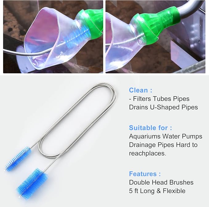 Flexible Drain Brush Cleaner Kit – 5ft Long Elastic Double Head Nylon Cleaning Brush + 3pcs 10inch Straw Brushes for Aquarium Water Filter Pipe Hose Air Tube Fish Tank Tub Sinks Glass Vase