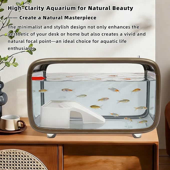 Desktop Fish Tank, 3.2 Gallon Fish Aquarium Kit with Top Feeding Hole, High-Clarity Fish Bowl for Aquatic Animals Shrimp Guppy Goldfish Turtle, 15.7" L x 8.9" W x 10" H (Brown)