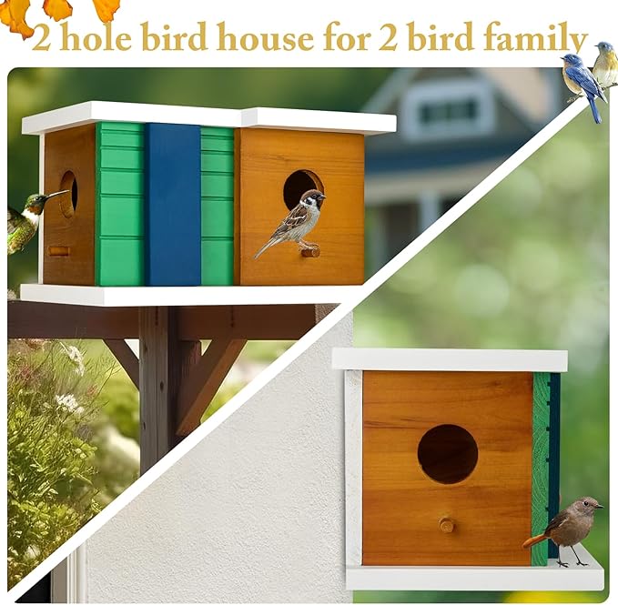 Bird House Wooden Birdhouse with 2 Holes - Bird House for Outside Ideal for Bluebird,Finch, Cardinals and Garden Wild Birds - Outdoor Hanging Bird Nesting Box