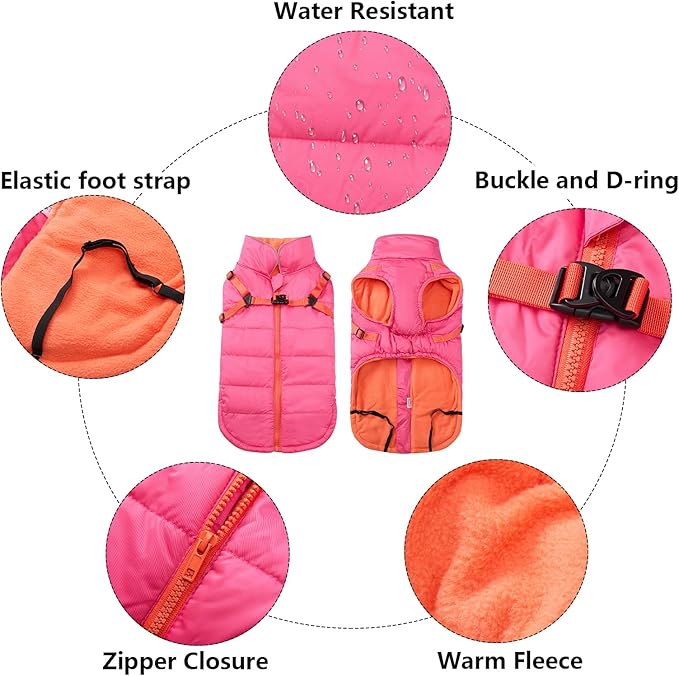Geyecete Winter Warm Coat Waterproof Dog Winter Jacket with Harness Traction Belt,Windproof Pet Outdoor Jacket Dog Autumn-Pink-M
