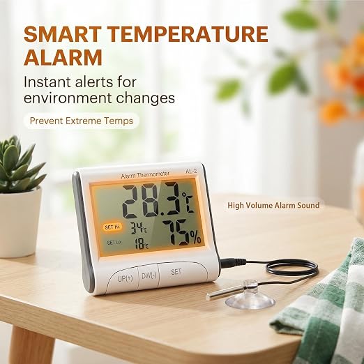Reptile Thermometer Hygrometer with High Low Temperature Alarm Digital Aquarium Thermometer with Hook and Loop Temperature Humidity Meter Gauge for Terrariums, Vivariums, Reptile Tanks (2)
