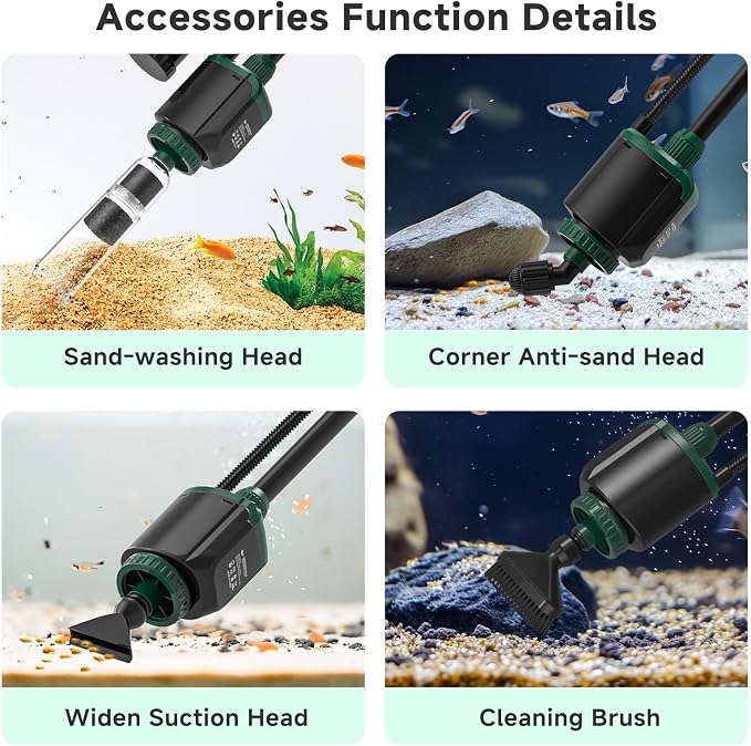AQQA 6-in-1 Aquarium Gravel Cleaner, 600GPH Adjustable Water Flow Aquarium Vacuum | Electric DC Fish Tank Cleaner, Extendable Length, Supports Changing Water, Washing Sand, Water Filtering and Circulation