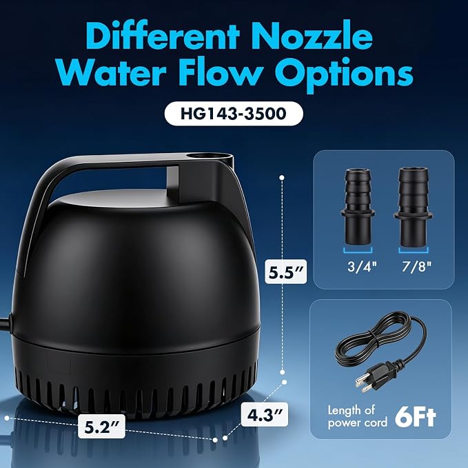 hygger 925GPH Submersible Pump Aquarium, Fish Tank Water Pump Adjustable Flow with 2 Nozzles, 10.4 ft High Lift Quiet Fountain Pump for Aquarium, Pond, Hydroponics, Water Garden