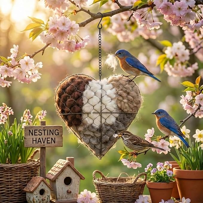 Handmade Alpaca Fiber Bird Nesting Material Heart – Soft Nesting Holder for Wild Birds, Garden Trees, Winter Shelter & Bird Lover Gift (1PC)