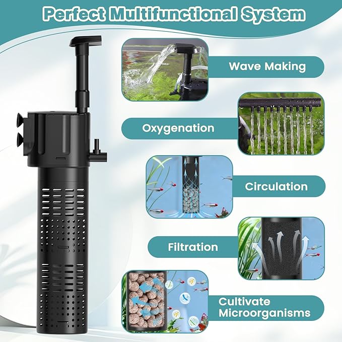 hygger Internal Aquarium Filter, 5-in-1 Submersible Power Fish Tank Filter, Adjustable Wave Maker & Air Bubbler, Quiet Turtle Tank Filter for 15-30 Gallon Freshwater Saltwater, 210GPH, 10W