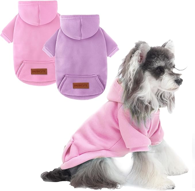 2 Pack Dog Hoodie Warm Hood Dog Sweater Cold Weather Small Dogs Sweatshirt Comfort Pet Clothes for Small Medium Dogs with Pockets (Pink+Purple, M (Back: 11.4",Chest: 16.9", 5.8-8.8 lbs))