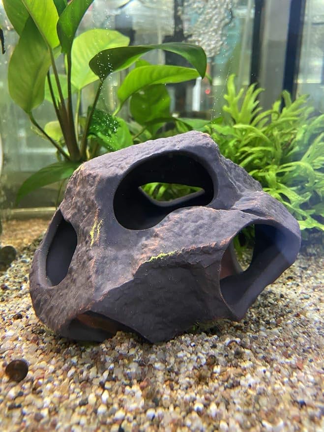 Aquarium Ceramic Decorations Cave Betta Stone Decor - Aquarium Fish Tank Hideway Decor for breeding Cichlids Plecos Betta Toys Hideout (Boulder)