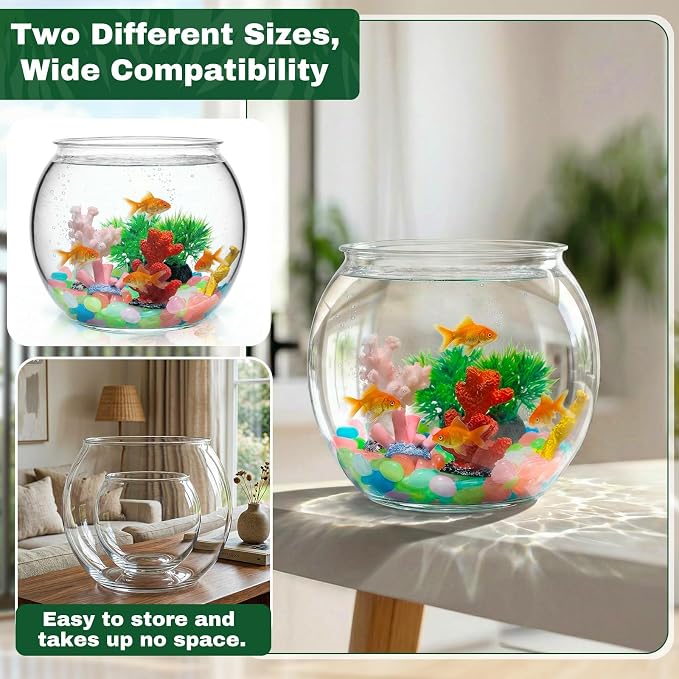 Cinnvoice 521 Pcs Plastic Fish Bowls Starter Kit, 1.5 Gallon & 0.27 Gallon Round Shatterproof Aquarium with Luminous Stones, Artificial Plants, Decor for Betta Goldfish, Small Fish Tank for Office