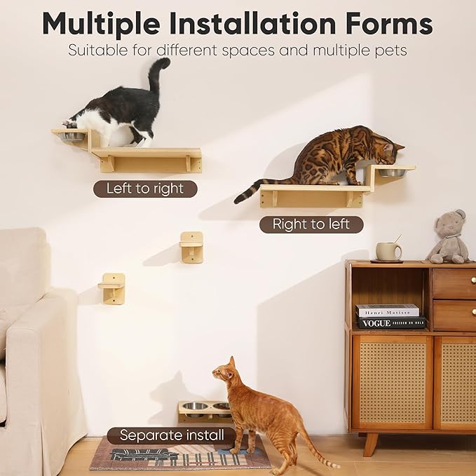 FUKUMARU Cat Wall Shelves, 3 in 1 Cats Walls Furniture Set, Food Station with 2 Steps, Birch Plywood Perch, Suitable for Kitten Play, Nap, Eat, DIY Wall Jungle Gym