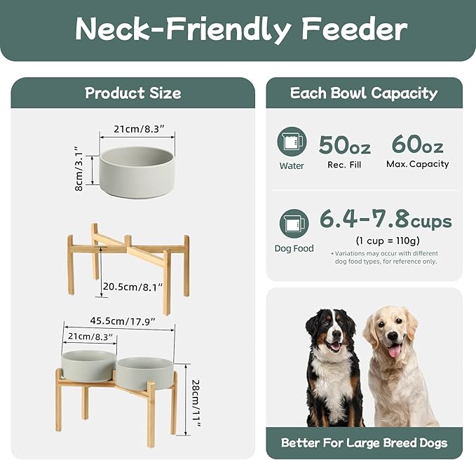 Havniva Ceramic Raised Double Bowls Set with Stand, Food & Water Bowls for Large Breed Dogs, Weighted Dog Dishes, Pet Bowl(8.2'',60OZ, Grey)
