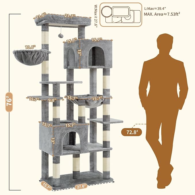 Heybly Cat Tree, 76-Inch Tall Heavy Duty Cat Tower for Big Cats with Extra Wide Baseboard, Multi-Level Large Cat Furniture with 2 Condos & 2 Hammocks, 10 Scratching Posts, Light Gray HCT039W