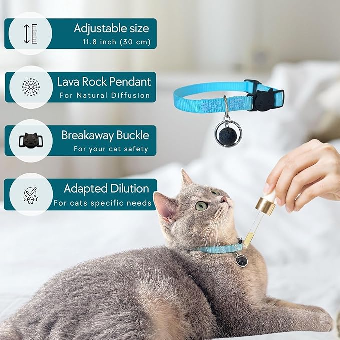 Cat Aggression Relief Calming Collar, Natural Anxiety Relief, Breakaway Vet-Approved Relaxer, Pet-Safe Collar with Essential Oils (Light Blue - Myrrh)