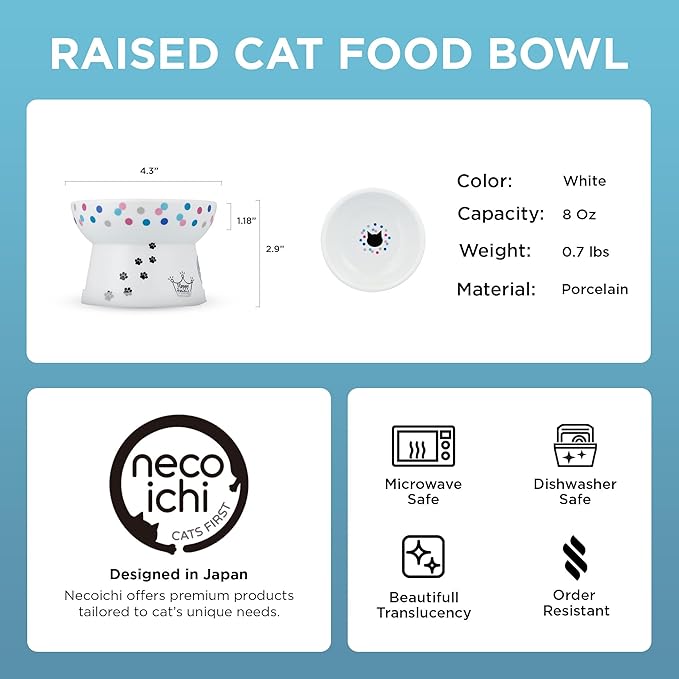 Necoichi Raised Cat Food Bowl – Ceramic Elevated Cat Bowl for Whisker & Neck Fatigue, Dishwasher Microwave Safe – Non-Slip & Anti Vomiting Ergonomic Design (Colorful Dots, Regular, 1 Cup Capacity)