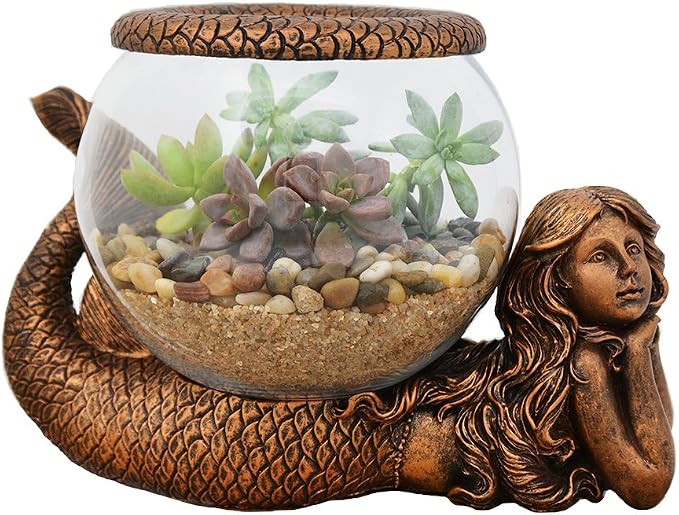 Mystical Mermaid Fish Bowl Décor – 1 Gallon Glass Aquarium, Terrarium & Candle Holder with Antiqued Bronze Mermaid Figurine, Decorative Tabletop Bowl for Home or Office