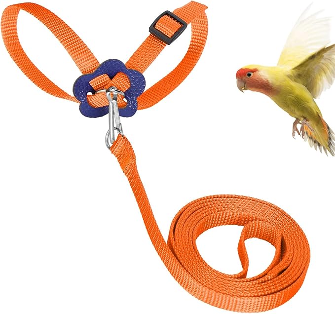 Bird Harness and Leash, 120cm Pet Parrots Adjustable Nylon Anti‑Bite Training Rope for Outdoor Flying Parrot Harness Leash Training Supplies for Parrots Alexandrine, Scarlet, Keck, Mini Macaw(Orange)