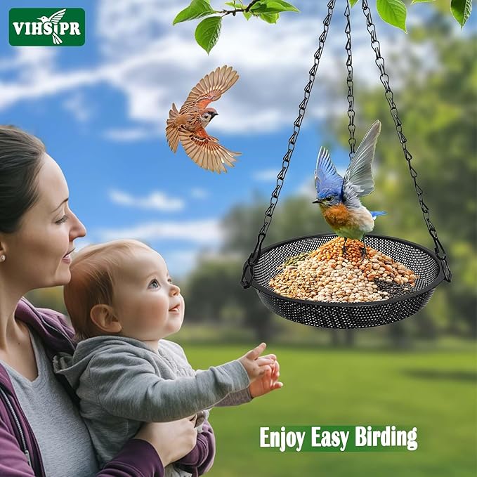 Hanging Bird Feeder for Outdoors – 9 in Metal Mesh Bird Feeder Tray Platform for Small Wild Birds, Black