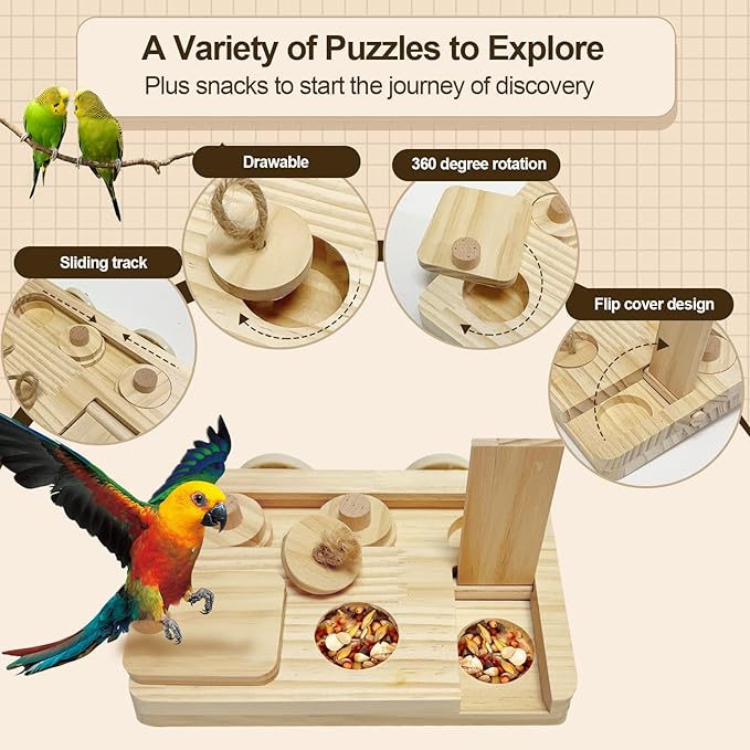 2PCS Wooden Bird Foraging Puzzle Toys Interactive Parakeet Enrichment Foraging Toy for CageBird Slow Feeder Parrot Chewing Toy for Pets, Bird Perches Stand for Sun Conure and Small Sized Birds