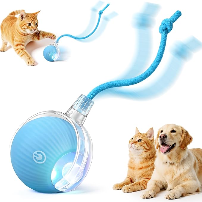 Smart Interactive Automatic Electric Rolling Moving Rechargeable Motion Activated Self Solo Play Electronic Stimulation Chase Teaser Ball Toy with Rope for Indoor Bored Adult Cat and Dog, Blue