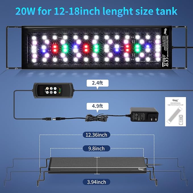 hygger Aquarium Light, 20W Full Spectrum Fish Tank LED Light, 24/7 Remote Control Adjustable Timer, Brightness and Color, Extendable Bracket, Power-Off Memory Plant Growth Lamp, Fits 12-18 Inch Tank