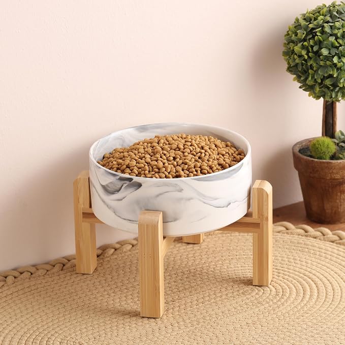 Elevated/Raised Ceramic Dog Bowl with Bamboo Stand (Marble Gary, 3.6Cup)