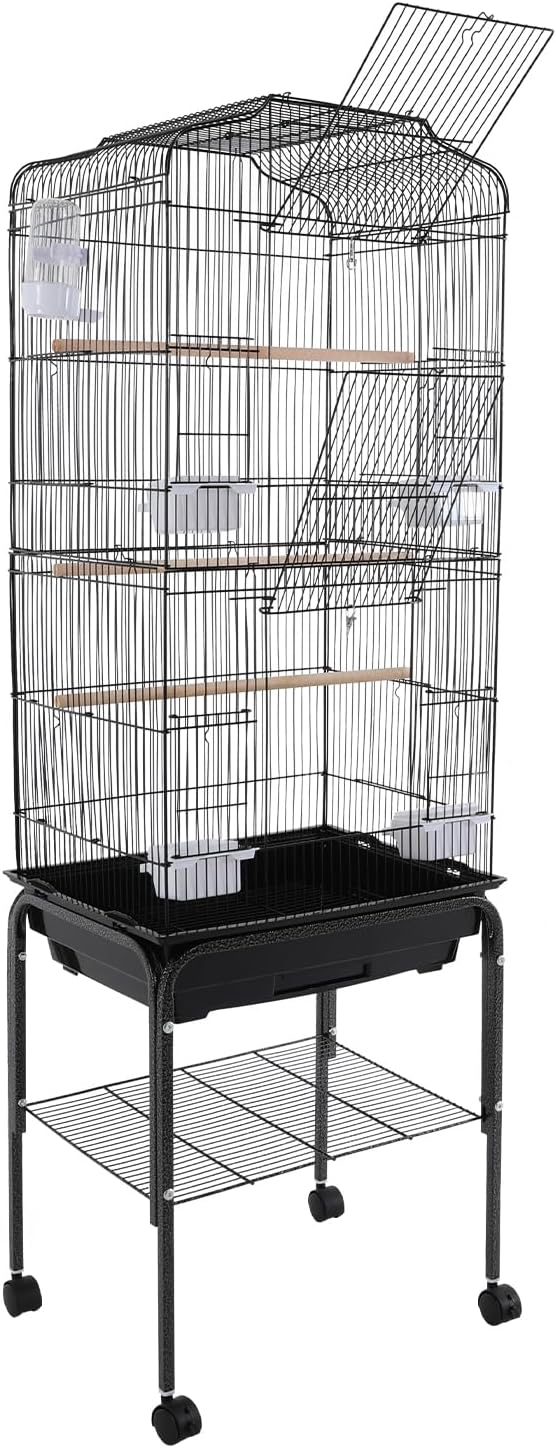 Large Bird Cage with Stand 54 Inch Standing Bird Cage with Removable Tray, Rolling Bird Cage Stand with Wheels for Parakeets, Parrot, Cockatiel, Pigeon, Finch Cage for Birds(Black)