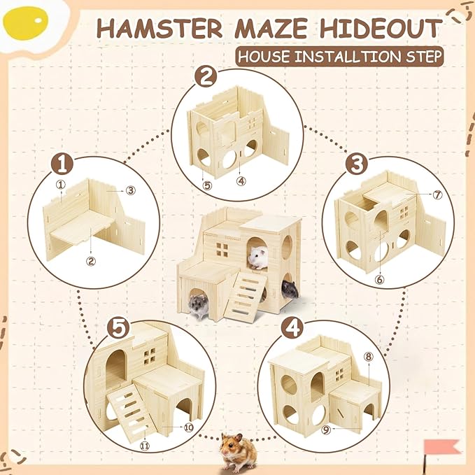 BreezeHug 4 Pcs Hamster Platform Hideout Wooden Tunnel Ladder Playhouse Hamster Game Climbing Toy with Platform Cage Accessories for Pets Dwarf Syrian Mice Degus Gerbils Squirrel(Villa)