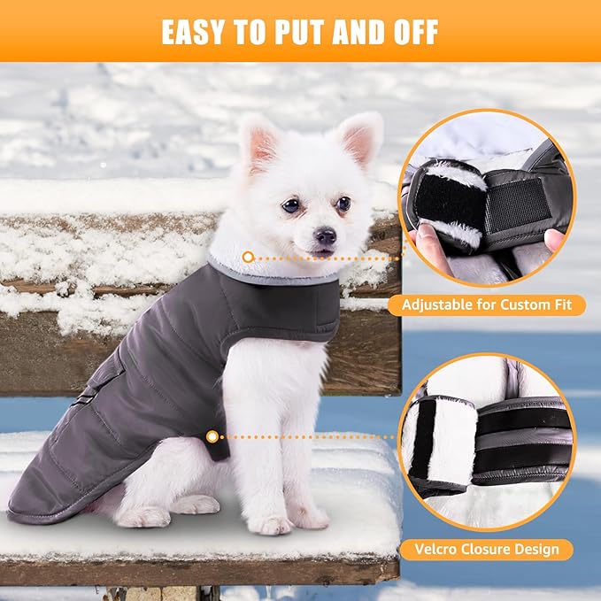 iBuddy Dog Winter Jacket for Small Dogs, Easy on Dog Fleece Snow Coat Velcro Waterproof Pet Puffer Clothes with Harness Hole Adjustable Reflective Quilted Pet Cold Weather Vest Wind-Poof for Boy Male