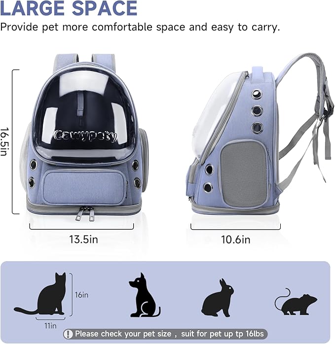Cawypety Cat Backpack Carrier, Breathable Cat Carrier Large Space Bubble Pet Backpack for Kitty Small Dog up to 12lbs, Transparent & Foldable Pet Carrier for Travel Hiking (Blue