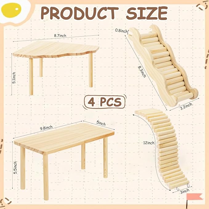 BreezeHug 4 Pcs Hamster Platform Hideout Wooden Tunnel Ladder Playhouse Hamster Game Climbing Toy with Platform Cage Accessories for Pets Dwarf Syrian Mice Degus Gerbils Squirrel(Climber)