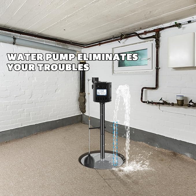 Pedestal Sump Pump Thermoplastic Pedestal Pump 1/3 HP 45GPM-Black | Vertical Float Switch, Stainless Steel Impeller, 10 Ft Cord Line, Fits in 12" Diameter Pit, Basement Flood Water Removel
