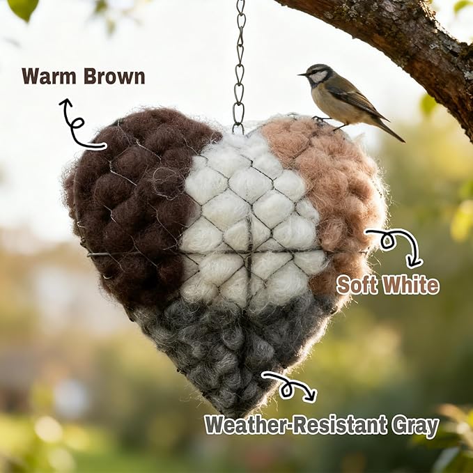 Handmade Fiber Bird Nesting Heart, Alpaca Wool Bird Nest for Outdoor Hanging, Natural Warm Hummingbird House Alternative, Bird Accessories for Garden Trees, Bird Houses for Outside(1Set)