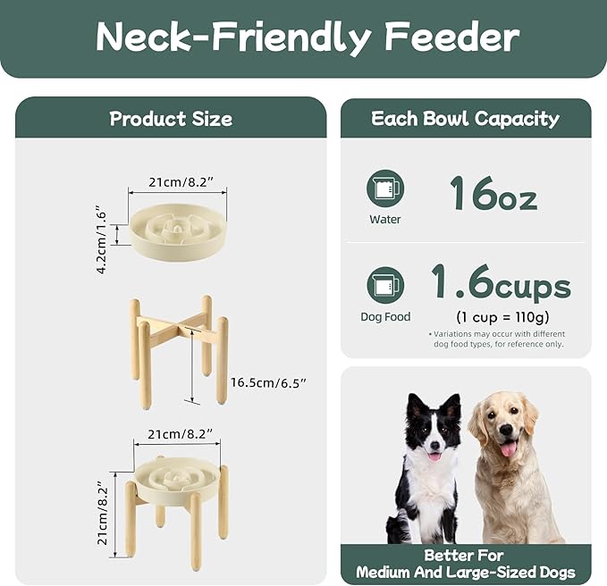 Havniva Ceramic 1.6 Cup Raised Slow Feeder Dog Bowl Set, Elevated Wooden Stand for Medium and Large Dog, 8.2inch Puzzle Slow Dish, Anti-Gulping(Light Yellow, Single Bowl+ Stand)