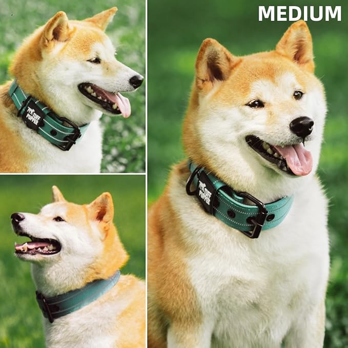 Tuff Pupper Heavy Duty Tactical Dog Collar | 1.5" Wide Ballistic Nylon | Reflective Stitching | Integrated ID Tag Holder | Stainless Steel Buckle | Padded Lining | Medium & Large Dogs (Green, Medium)