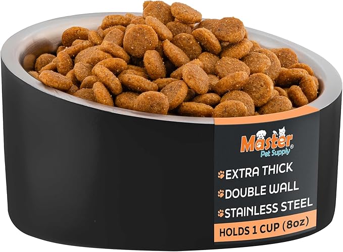 Master Pet Supply Stainless Steel Slanted Dog Cat Food Bowl - 8 oz Heavy Duty - Black Velvet, Double Wall Insulated, Non-Slip Elevated Bowl for French Bulldogs Pugs Cats, Anti Rust Dishwasher Safe
