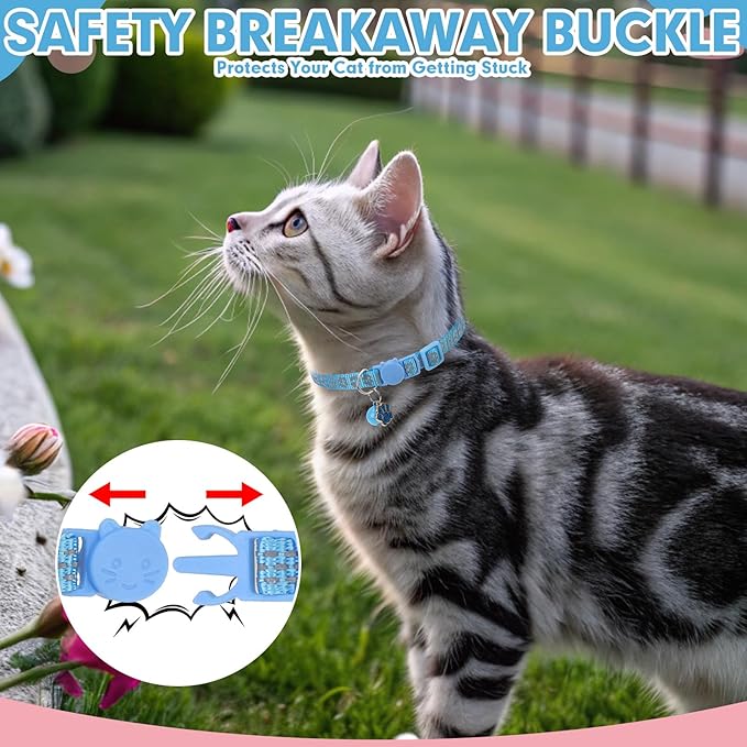 BINGPET Reflective Cat Collar Breakaway with Bells,3 Pack Kitten Collar for Girl Boy Cats with Cute Pendant Glow in The Dark,Adjustable 8''-11.8'',Blue