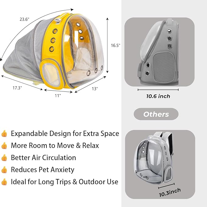 Cat Backpack Carrier Back Expandable Bubble Pet Carrier Backpack for Large Cat, Kitten and Dog, Designed for Hiking, Travelling and Outdoor Use (Back Expandable-Yellow)