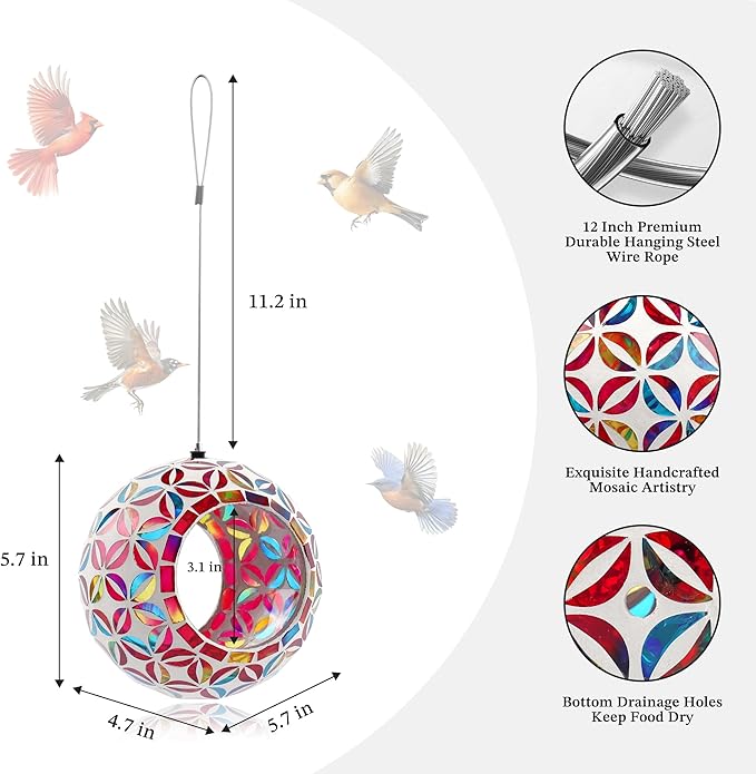 VOREEN Mosaic Glass Bird Feeder, Handcrafted Hanging Fly-Through Feeder for Outdoor Garden & Backyard, Decorative Wild Bird Feeder with Steel Wire Cable –Colorful Floral Mosaic Style