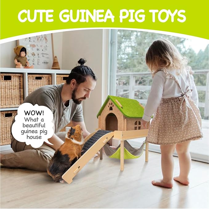 BESNEW 3 in 1 Enlarged Guinea Pig Hammock,Wooden Guinea Pig Hideout with House & Platform & Stairs Small Animal Toys for Hiding Sleeping Activities