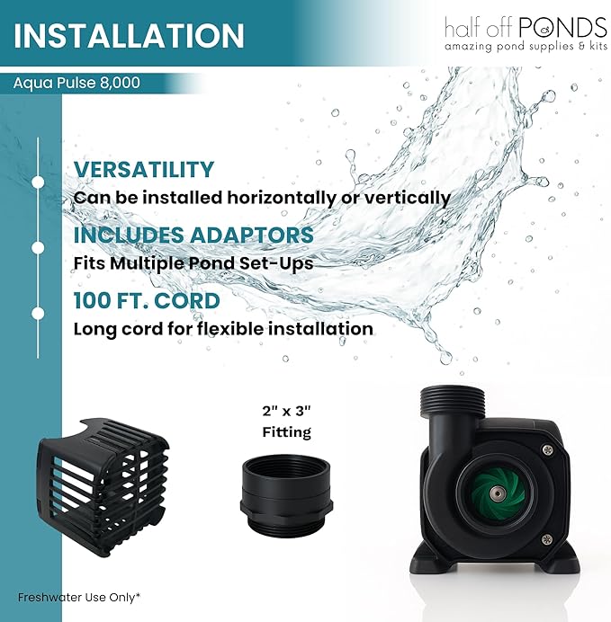 HALF OFF PONDS Submersible Water Pump, 8,000 GPH Pond Pump with 100FT Power Cord and 24FT Max Head, 540W Ultra Quiet Energy Efficient Pump for Koi Pond, Fountain, Waterfall, Water Garden, Skimmer
