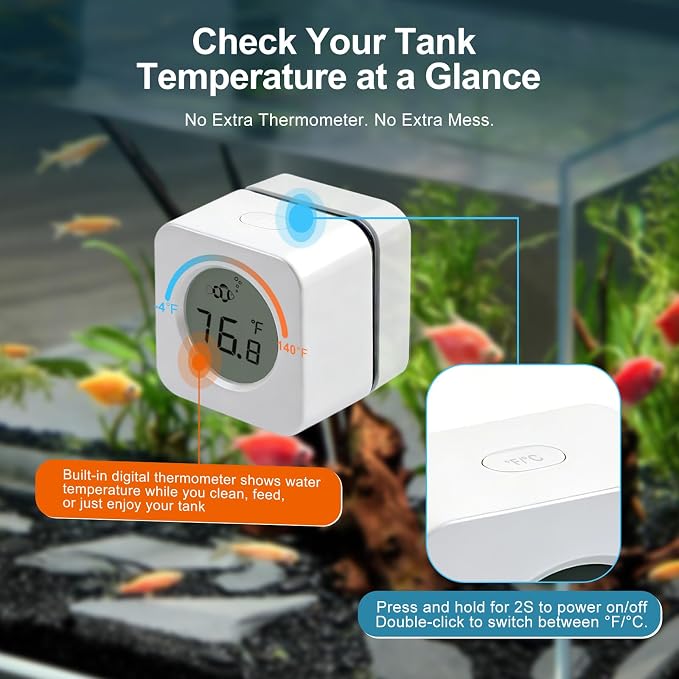 Nano Aquarium Magnetic Algae Scraper, Built-in High Accuracy Digital Aquarium Thermometer, 2 in 1 Fish Tank Glass Cleaner Tool for 1-30 Gallons Glass Tank