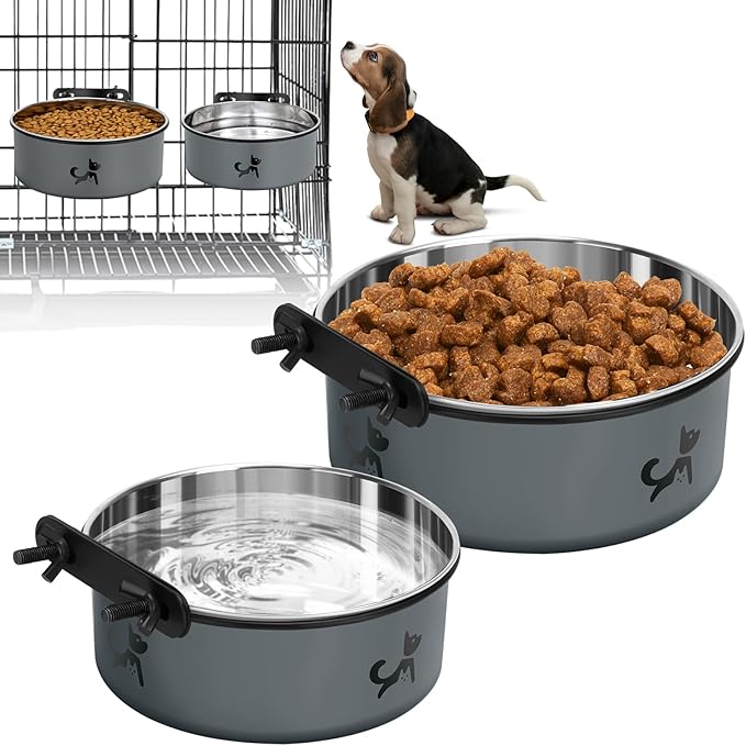 Dog Crate Bowls Hanging No Spill, Set of 2 Dog Crate Water Bowl, Kennel Bowls Mountable, Stainless Steel Pet Cage Accessories Feeder Water Food Dish Coop Cup for Cat Puppy Bunny Guinea Pig Ferret